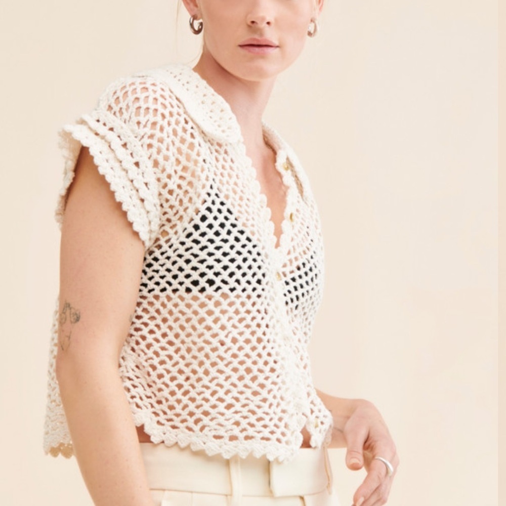 Free People Lily Collared Crochet Cardigan Top In White. Retail $78. Size Small